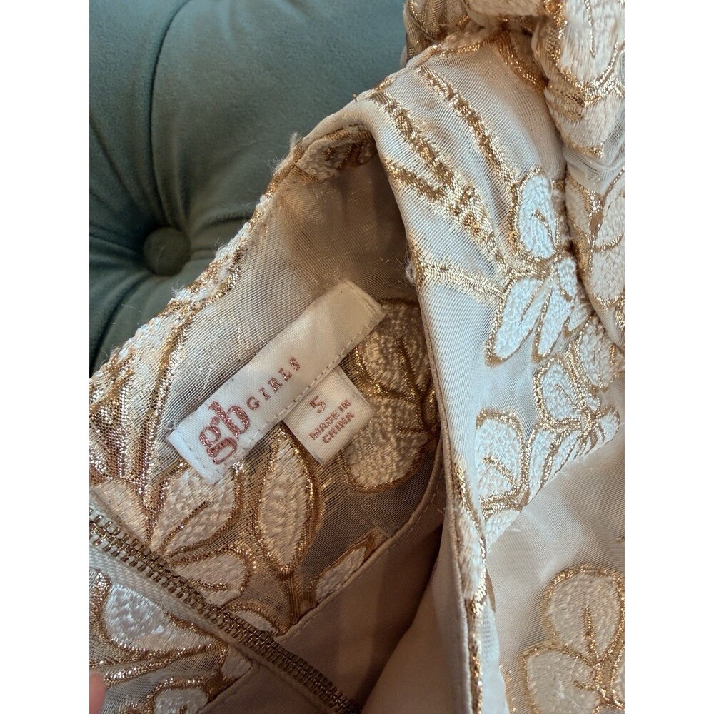 GB girls size 5 Ivory Gold Floral Brocade Puff Sleeve Party Dress - Picture 3 of 5